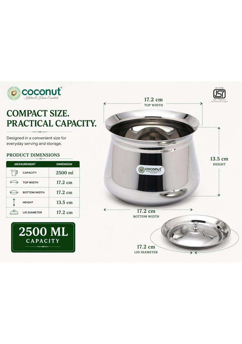 coconut Stainless Steel Cookware Eureka Handi Cooking Pot with Lid-1 Unit | 2.5 L | 2.6 Qt - Indya
