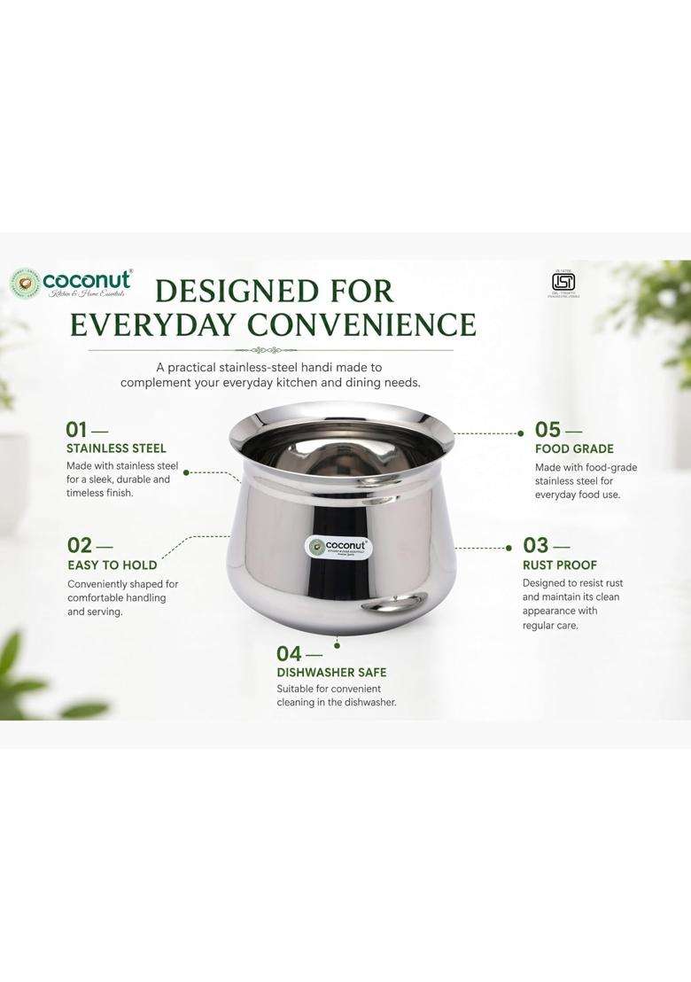 coconut Stainless Steel Cookware Eureka Handi Cooking Pot with Lid-1 Unit | 2.5 L | 2.6 Qt - Indya