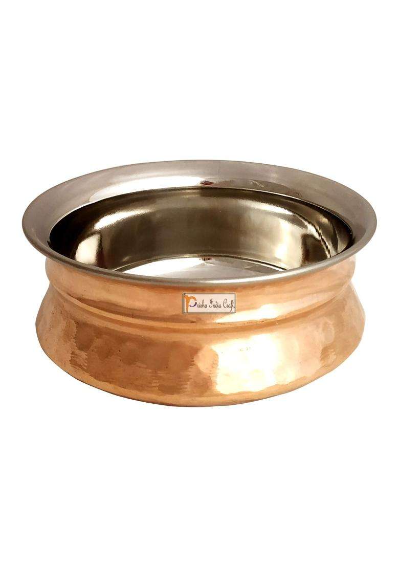 Prisha India Craft Steel Copper Handi Cooking Pot Bowl for Serving Dishes | 300 ml | 10.1 fl oz - Indya