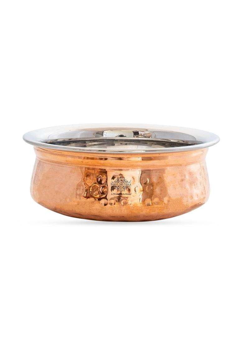 INDIAN ART VILLA Steel Copper Serving Handi Cooking Pot Bowl | 100 ml | 3.4 fl oz | Pack of 2 - Indya