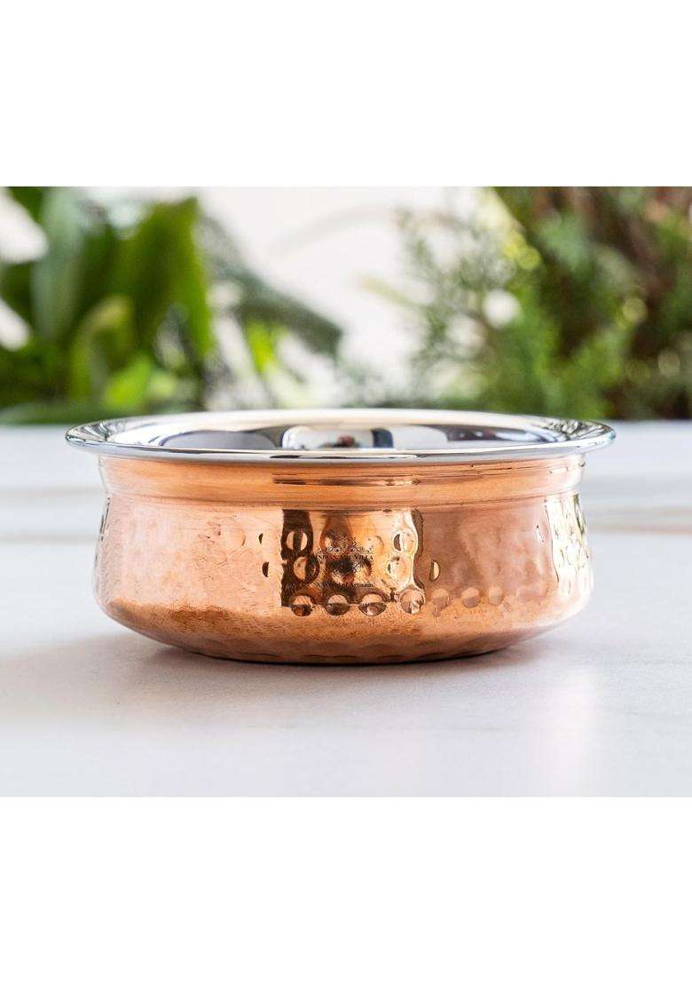 INDIAN ART VILLA Steel Copper Serving Handi Cooking Pot Bowl | 100 ml | 3.4 fl oz | Pack of 2 - Indya