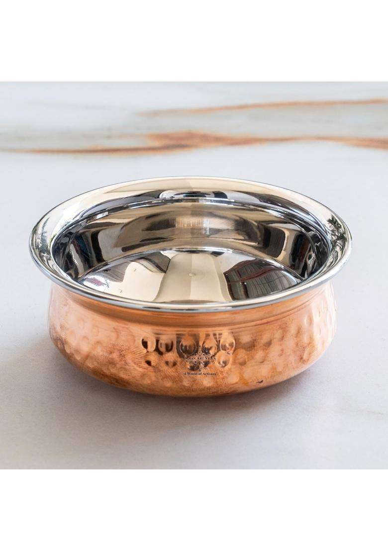 INDIAN ART VILLA Steel Copper Serving Handi Cooking Pot Bowl | 100 ml | 3.4 fl oz | Pack of 2 - Indya