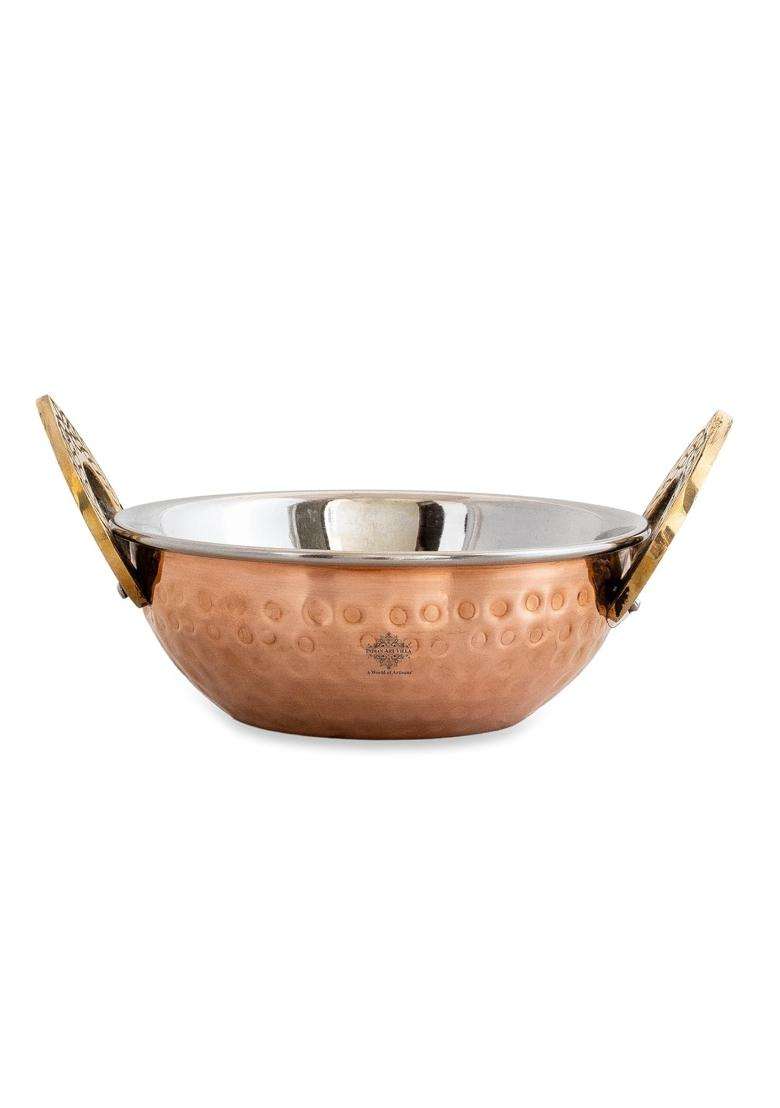 INDIAN ART VILLA Hammered Design Steel Copper Serving Very Small Kadhai Wok Bowl- Home | 200 ml | 6.8 fl oz | 4.5 Inch - Indya