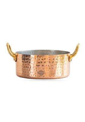 INDIAN ART VILLA Hammered Copper Round Serving Dish with Tin Lining and Brass Handles | 450 ml | 15.2 fl oz