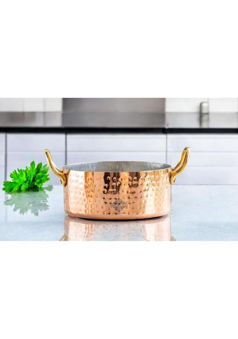 INDIAN ART VILLA Hammered Copper Round Serving Dish with Tin Lining and Brass Handles | 450 ml | 15.2 fl oz - Indya