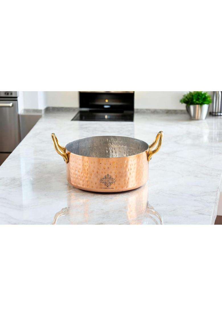 INDIAN ART VILLA Hammered Copper Round Serving Dish with Tin Lining and Brass Handles | 450 ml | 15.2 fl oz - Indya