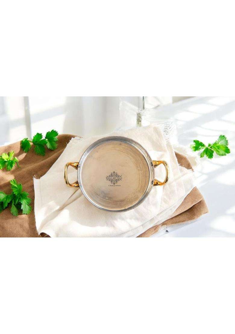 INDIAN ART VILLA Hammered Copper Round Serving Dish with Tin Lining and Brass Handles | 450 ml | 15.2 fl oz - Indya