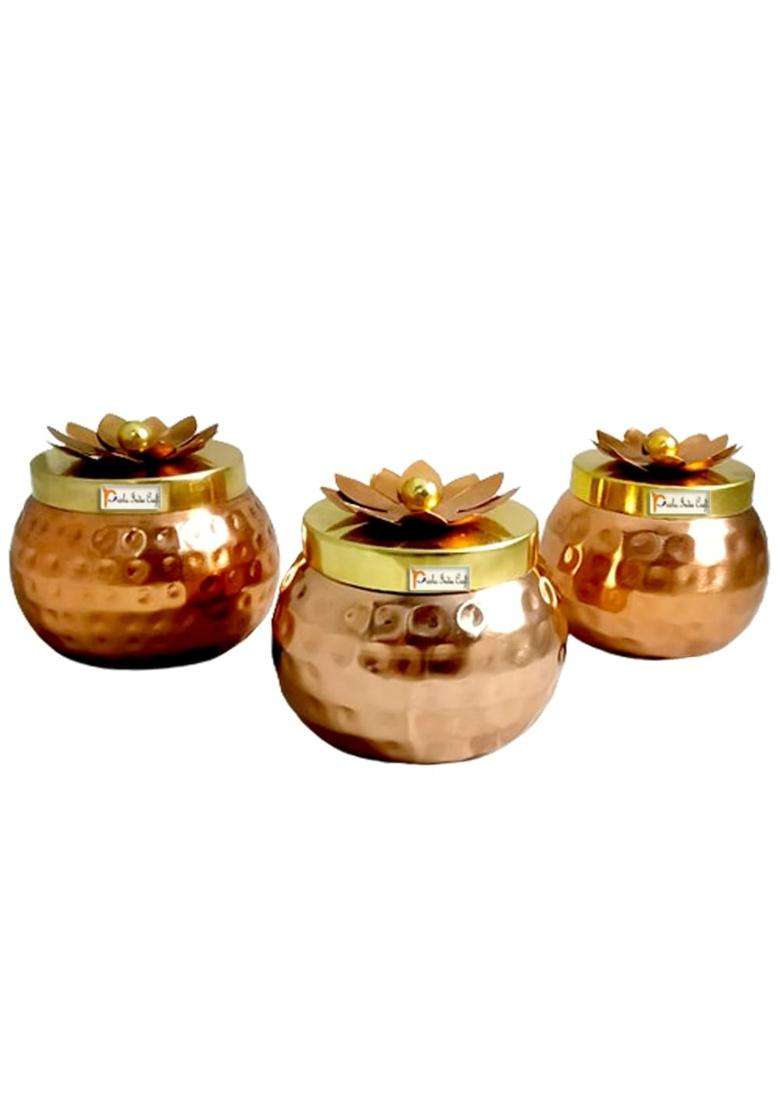 Prisha India Craft Copper Plating Dry Fruit Container Decorative Serving 3 Bowls Set with Serving - Indya
