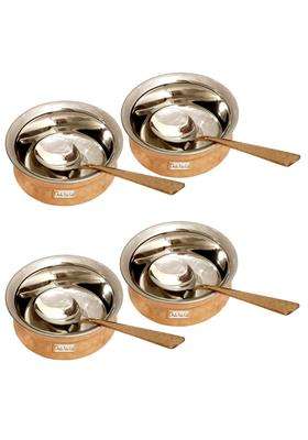 Prisha India Craft Steel Copper Handi Cooking Pot Spoon Set Bowl | 250 ml | 8.5 fl oz | 4-Piece Set