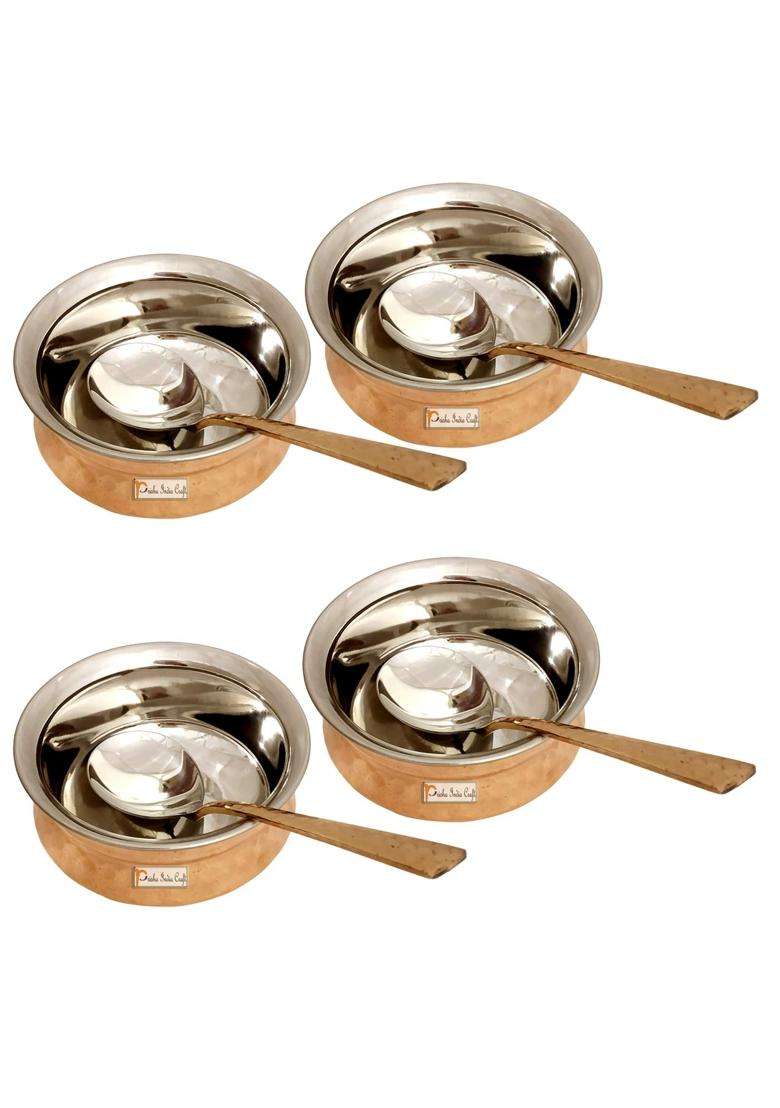Prisha India Craft Steel Copper Handi Cooking Pot Spoon Set Bowl | 250 ml | 8.5 fl oz | 4-Piece Set - Indya