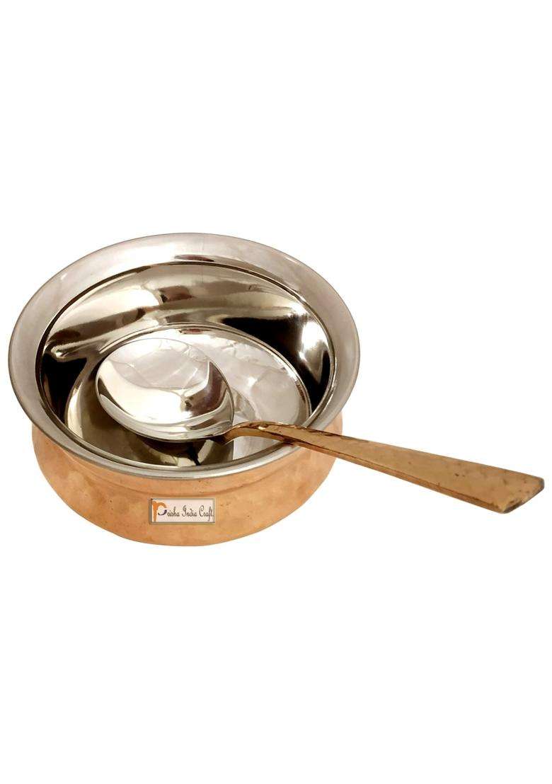 Prisha India Craft Hammered Steel Copper Handi Cooking Pot Bowl with 1 Serving Spoon | 500 ml | 16.9 fl oz - Indya