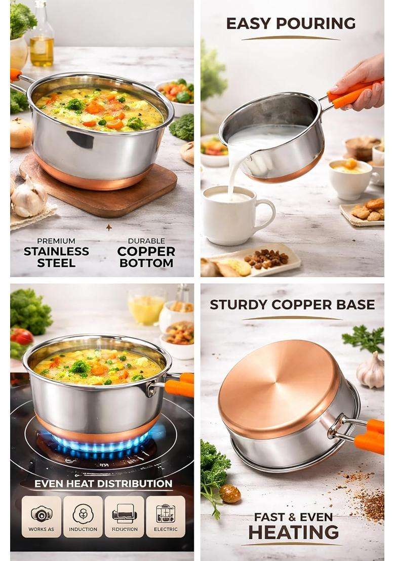 KITCHENZO Stainless Steel Copper Bottom Saucepan for Tea Coffee Milk Cooking Induction | 500 ml | 16.9 fl oz - Indya