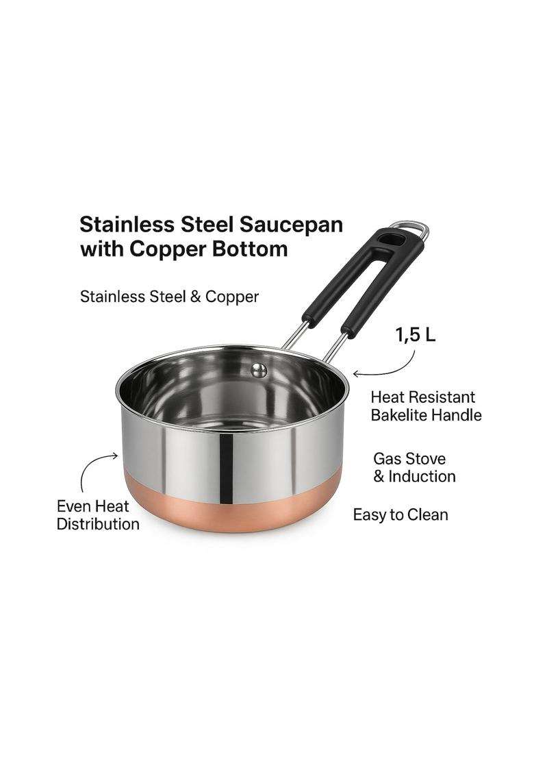 STEELHOMES Copper Saucepan Pure Copper Bottom with Stainless Steel | 2500 ml | 84.5 fl oz | Induction Compatible - Indya