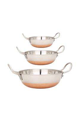 SHIFA CRAFT Kadai Wok Stainless Steel Copper Bottom Kadhai CB Kadai | 3000 ml | 101.4 fl oz | 3-Piece Set