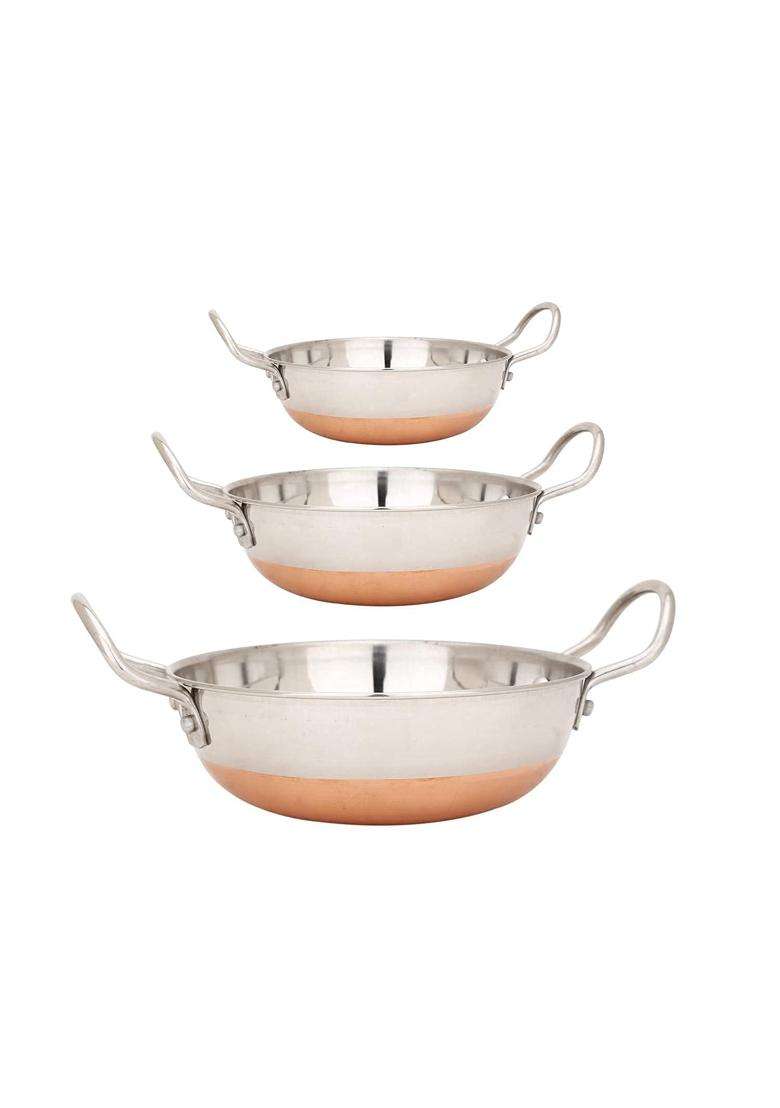 SHIFA CRAFT Kadai Wok Stainless Steel Copper Bottom Kadhai CB Kadai | 3000 ml | 101.4 fl oz | 3-Piece Set - Indya