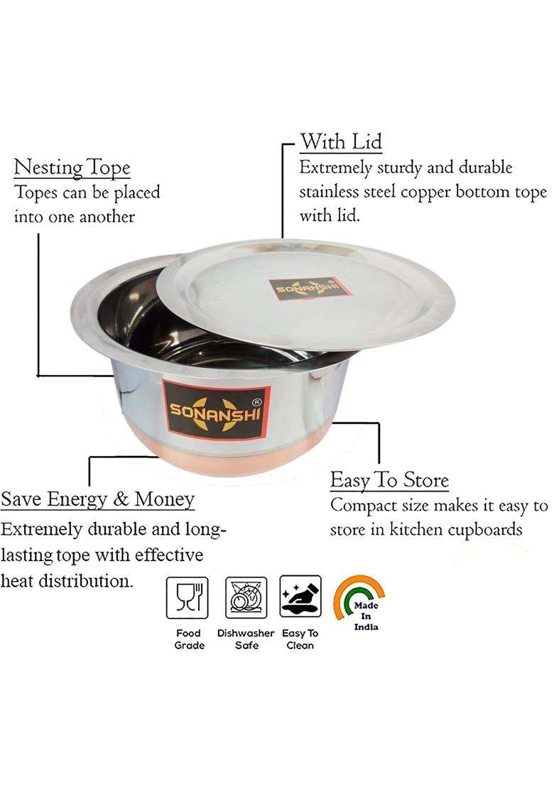 Sonanshi Copper Bottom Stainless Steel Bhagona with Lid | 2 L | 2.1 Qt - Indya