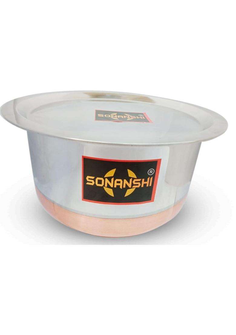 Sonanshi Copper Bottom Stainless Steel Bhagona with Lid | 1.5 L | 1.6 Qt - Indya