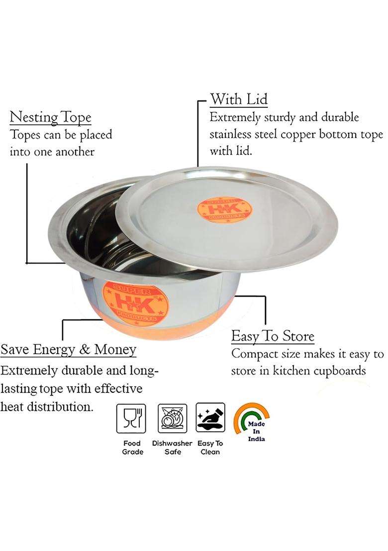 Super HK Products HK Copper Bottom Stainless Steel Bhagona with Lid | 4 L | 4.2 Qt - Indya