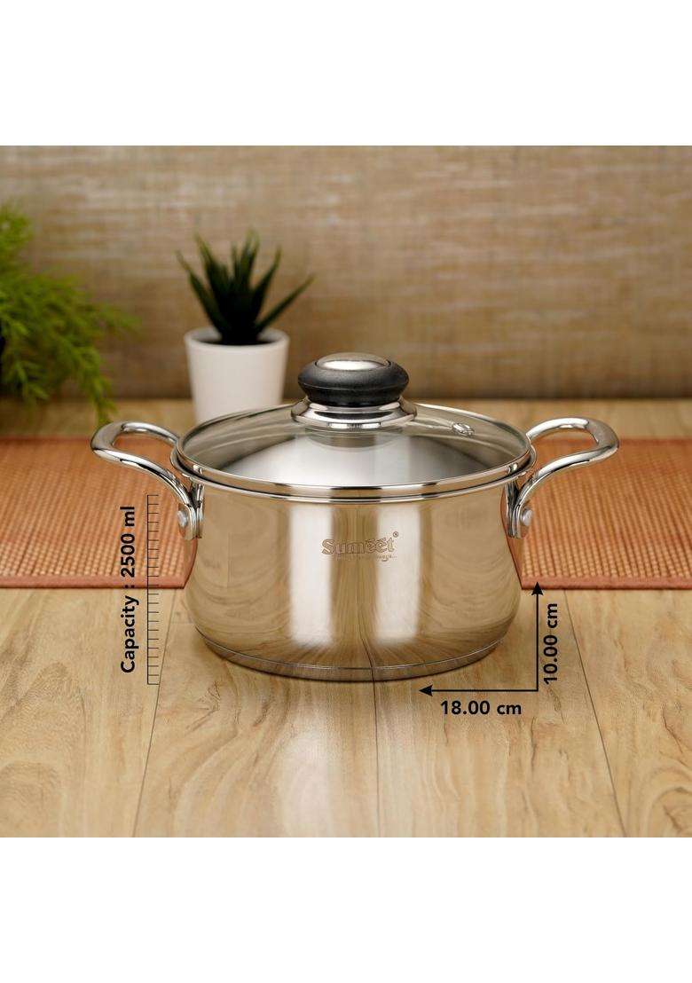 Sumeet Stainless Steel Induction Bottom | 2.5 L | 2.6 Qt | 18 cm | 7.1 Inch | With Lid - Indya