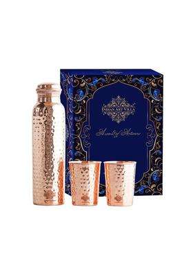 INDIAN ART VILLA Pure Copper Drinkware Gift Set of Hammered Design 1 Bottle and 2 Glass with Blue | 900 ml | 30.4 fl oz