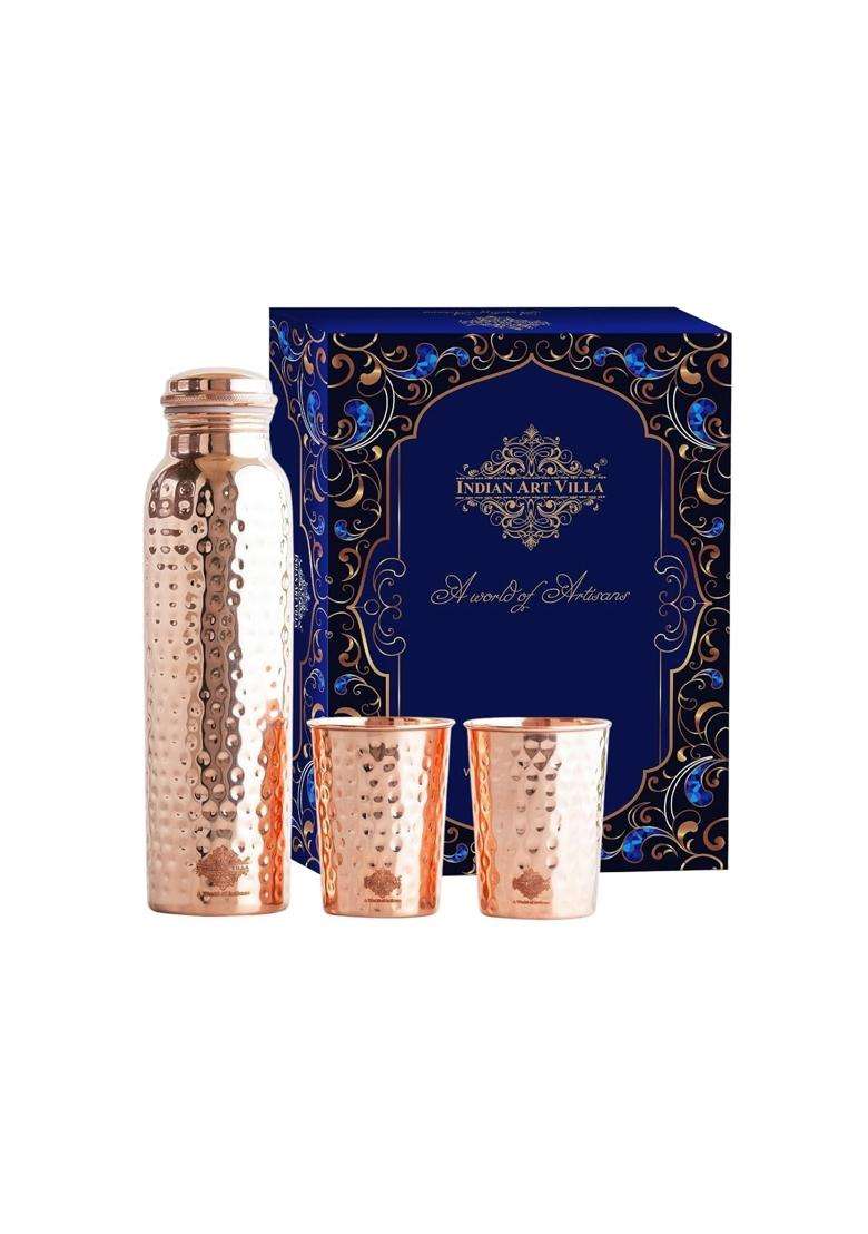 INDIAN ART VILLA Pure Copper Drinkware Gift Set of Hammered Design 1 Bottle and 2 Glass with Blue | 900 ml | 30.4 fl oz - Indya