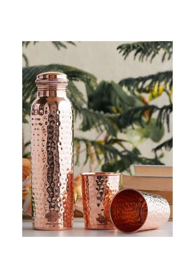 INDIAN ART VILLA Pure Copper Drinkware Gift Set of Hammered Design 1 Bottle and 2 Glass with Blue | 900 ml | 30.4 fl oz - Indya