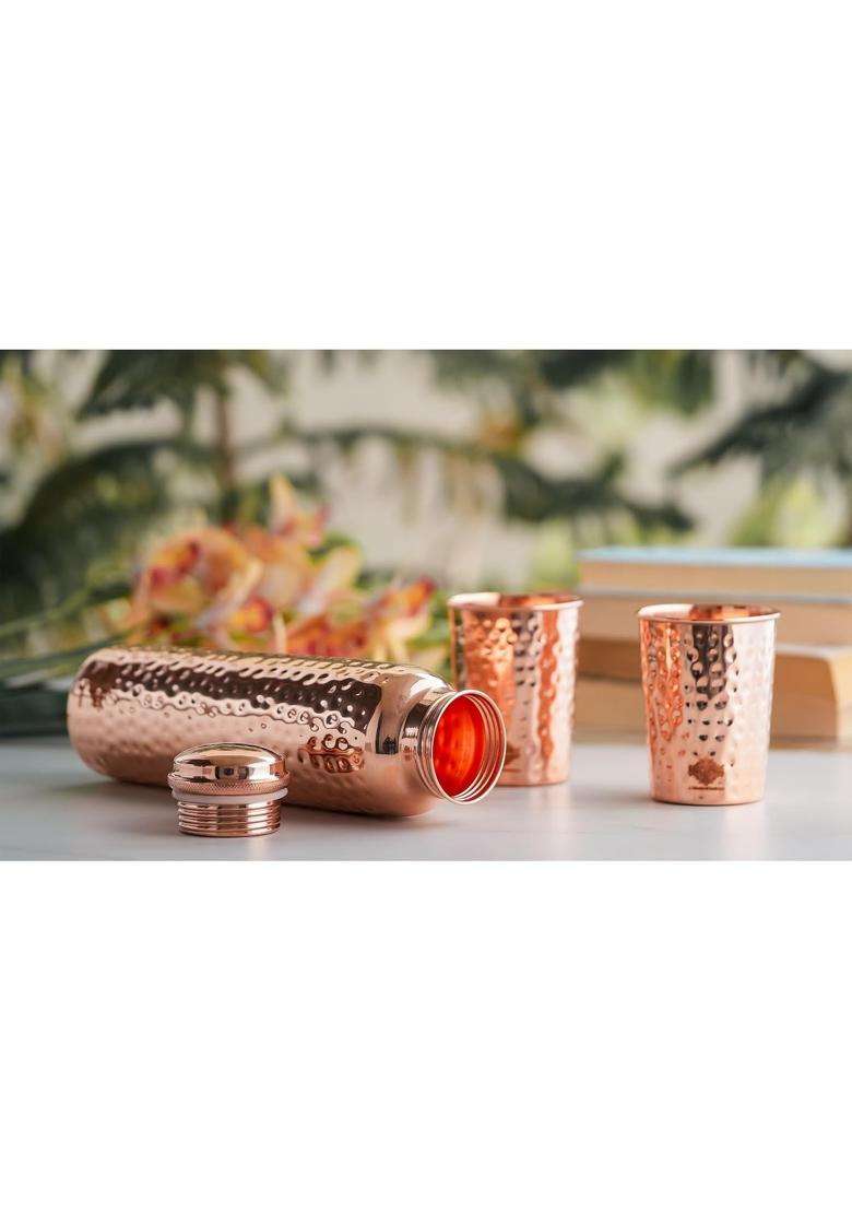 INDIAN ART VILLA Pure Copper Drinkware Gift Set of Hammered Design 1 Bottle and 2 Glass with Blue | 900 ml | 30.4 fl oz - Indya
