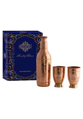 INDIAN ART VILLA Pure Copper Drinkware Gift Set of Cocktail Design 1 Bottle and 2 Glass with Gift | 1.5 L | 1.6 Qt