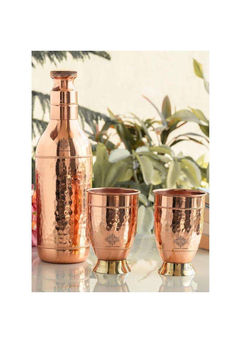 INDIAN ART VILLA Pure Copper Drinkware Gift Set of Cocktail Design 1 Bottle and 2 Glass with Gift | 1.5 L | 1.6 Qt - Indya