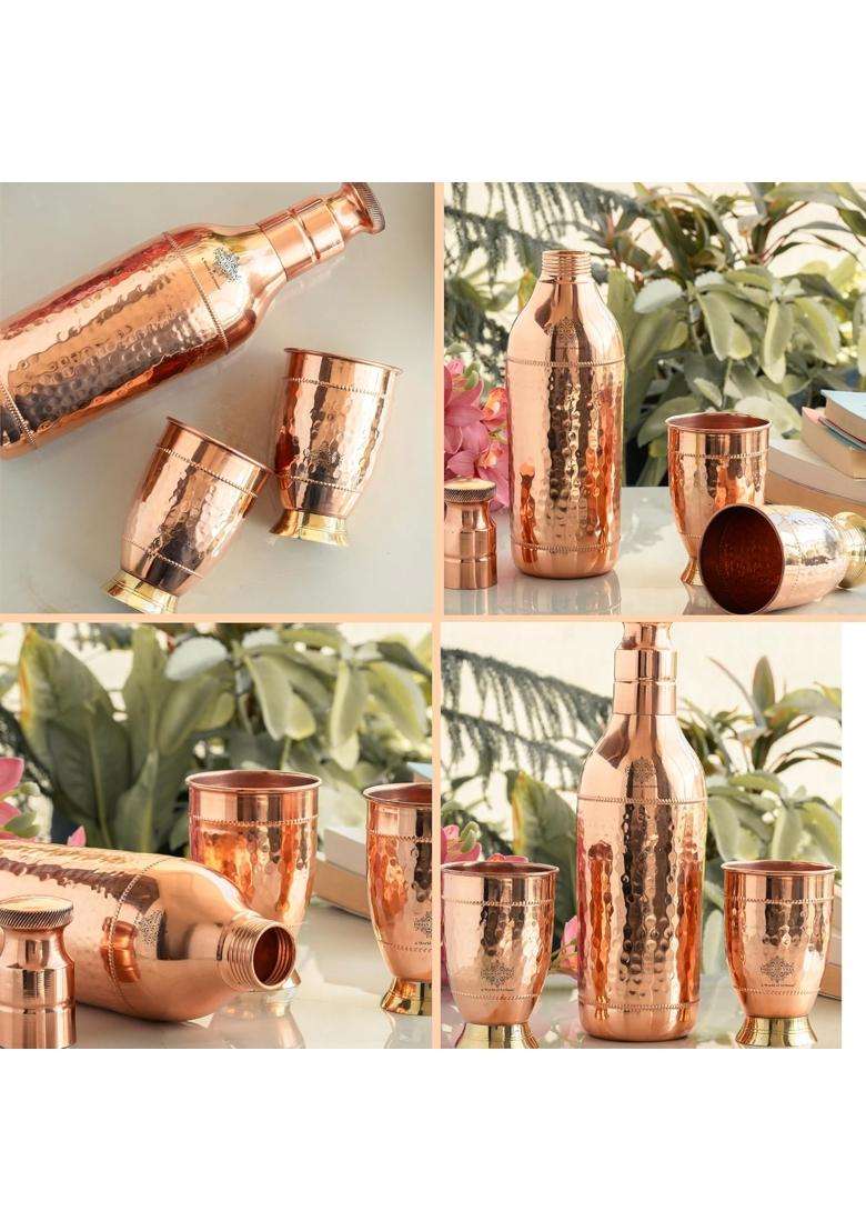 INDIAN ART VILLA Pure Copper Drinkware Gift Set of Cocktail Design 1 Bottle and 2 Glass with Gift | 1.5 L | 1.6 Qt - Indya