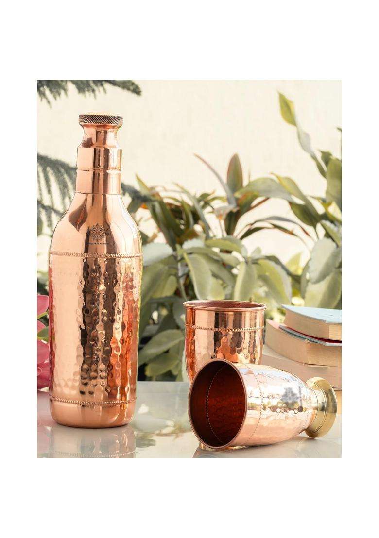 INDIAN ART VILLA Pure Copper Drinkware Gift Set of Cocktail Design 1 Bottle and 2 Glass with Gift | 1.5 L | 1.6 Qt - Indya