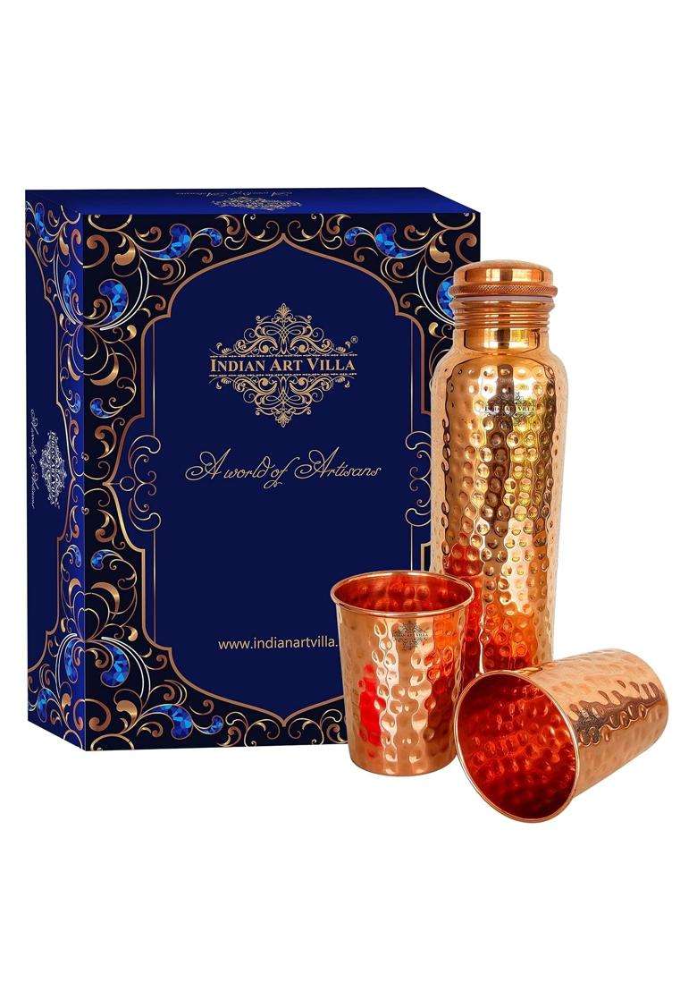 INDIAN ART VILLA Pure Copper Drinkware Set | 1 L | 1.1 Qt | Hammered Finish - Indya