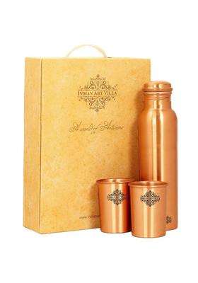 INDIAN ART VILLA Pure Copper Drinkware Gift Set of Plain Matt Finish Design 1 Bottle and 2 Glass | 750 ml | 25.4 fl oz