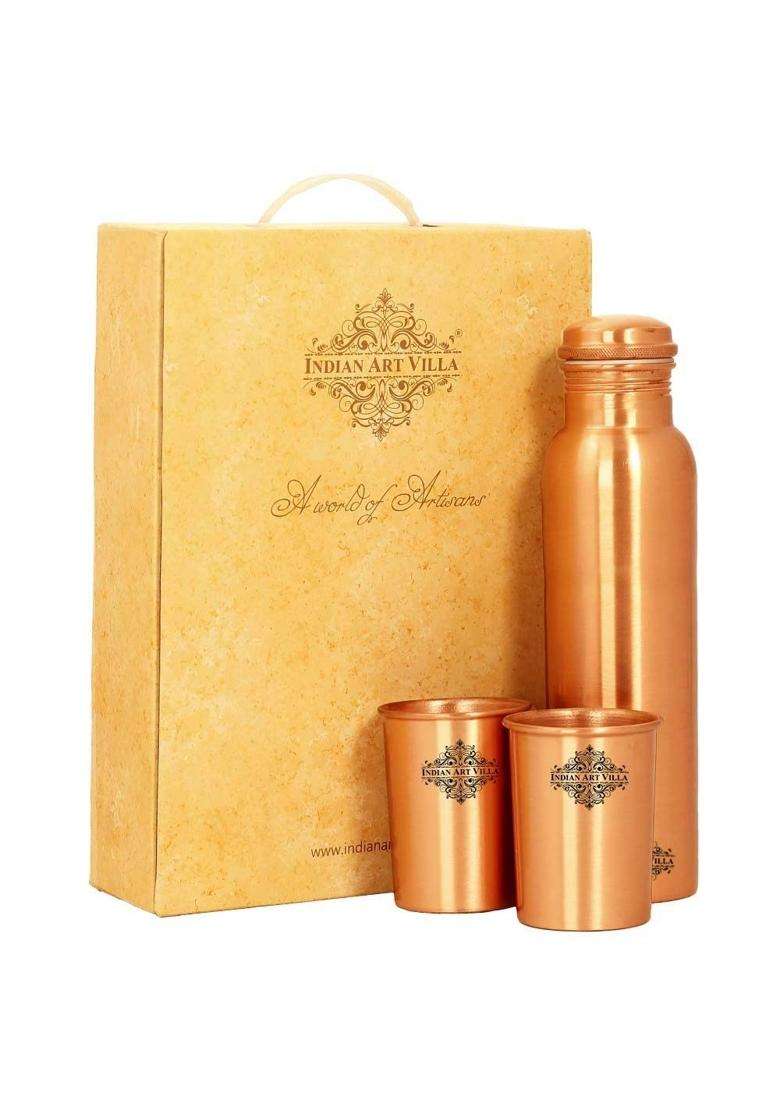 INDIAN ART VILLA Pure Copper Drinkware Gift Set of Plain Matt Finish Design 1 Bottle and 2 Glass | 750 ml | 25.4 fl oz - Indya