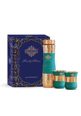 INDIAN ART VILLA Copper Drinkware in Green Silk Finish | 300 ml | 10.1 fl oz | 2-Piece Set