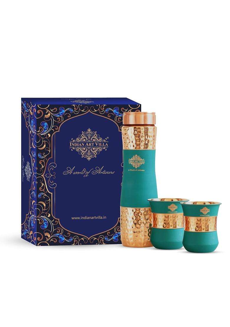 INDIAN ART VILLA Copper Drinkware in Green Silk Finish | 300 ml | 10.1 fl oz | 2-Piece Set - Indya