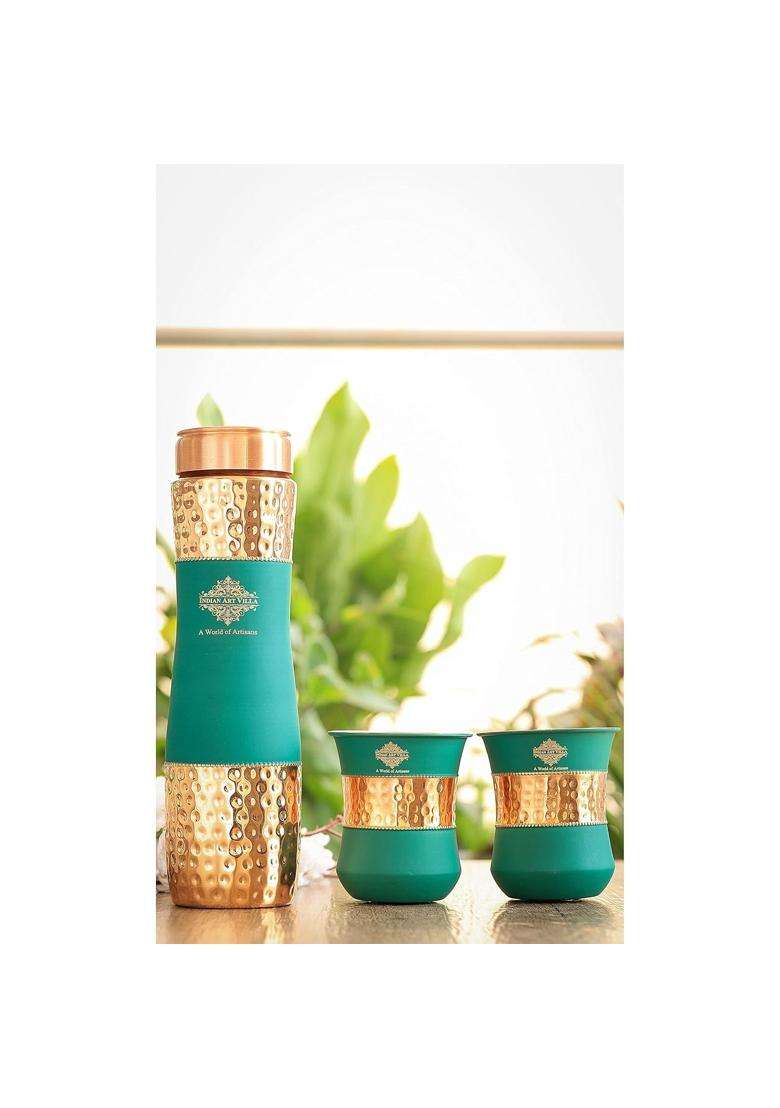INDIAN ART VILLA Copper Drinkware in Green Silk Finish | 300 ml | 10.1 fl oz | 2-Piece Set - Indya