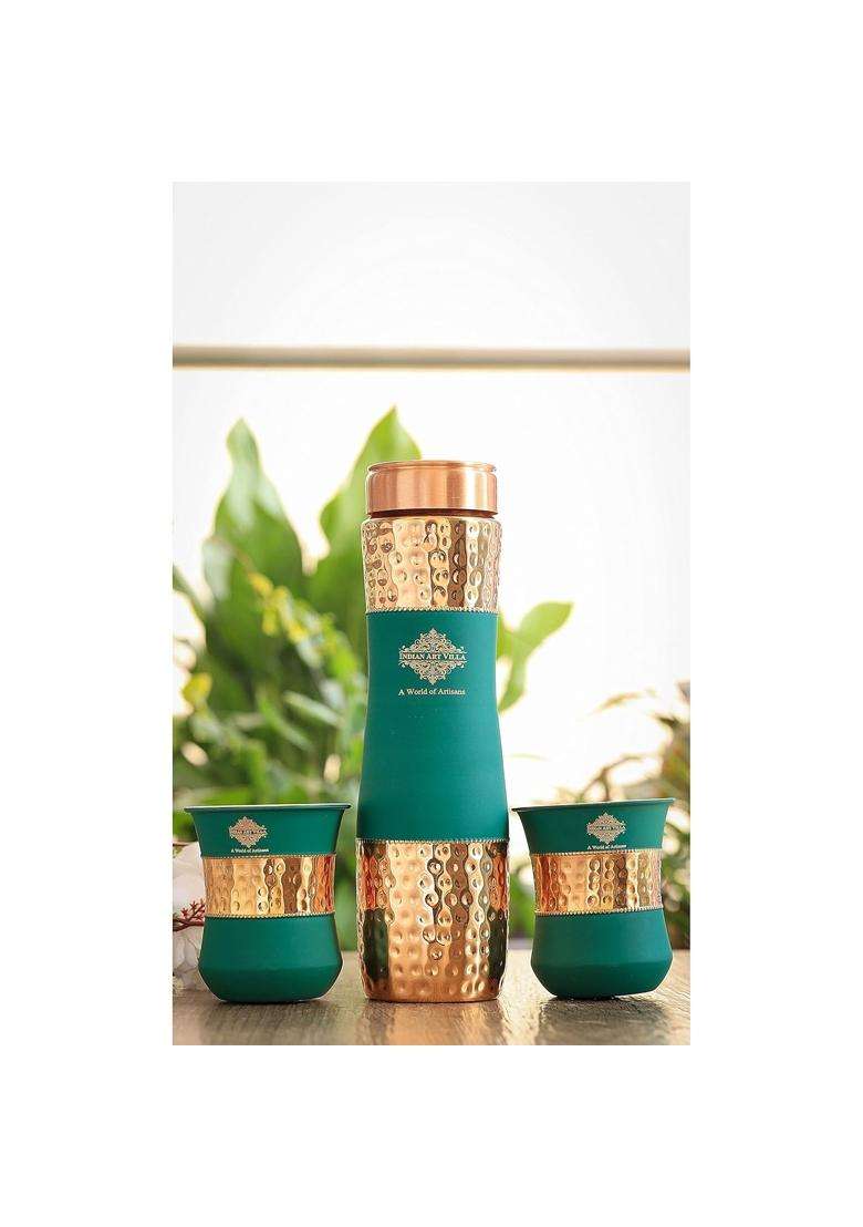 INDIAN ART VILLA Copper Drinkware in Green Silk Finish | 300 ml | 10.1 fl oz | 2-Piece Set - Indya