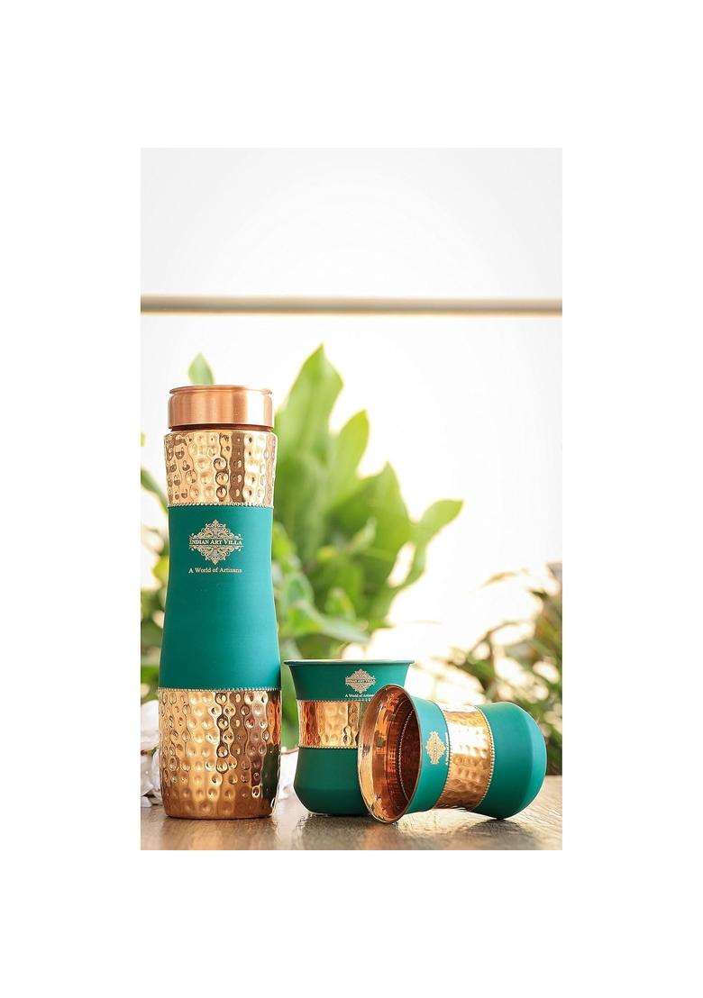 INDIAN ART VILLA Copper Drinkware in Green Silk Finish | 300 ml | 10.1 fl oz | 2-Piece Set - Indya