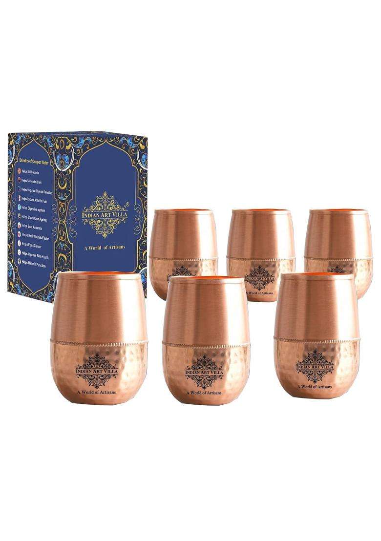 INDIAN ART VILLA Copper Dome Shape Tumbler | 350 ml | 11.8 fl oz | 6-Piece Set | Hammered Finish - Indya