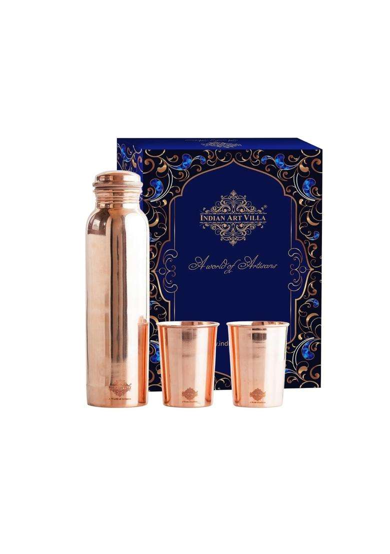 INDIAN ART VILLA Pure Copper Drinkware Gift Set of Plain Shine Finish Design 1 Bottle and 2 Glass | 900 ml | 30.4 fl oz - Indya