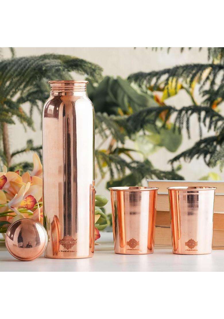 INDIAN ART VILLA Pure Copper Drinkware Gift Set of Plain Shine Finish Design 1 Bottle and 2 Glass | 900 ml | 30.4 fl oz - Indya