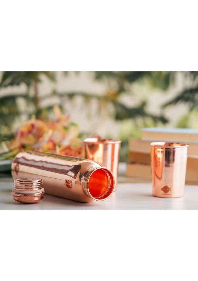 INDIAN ART VILLA Pure Copper Drinkware Gift Set of Plain Shine Finish Design 1 Bottle and 2 Glass | 900 ml | 30.4 fl oz - Indya