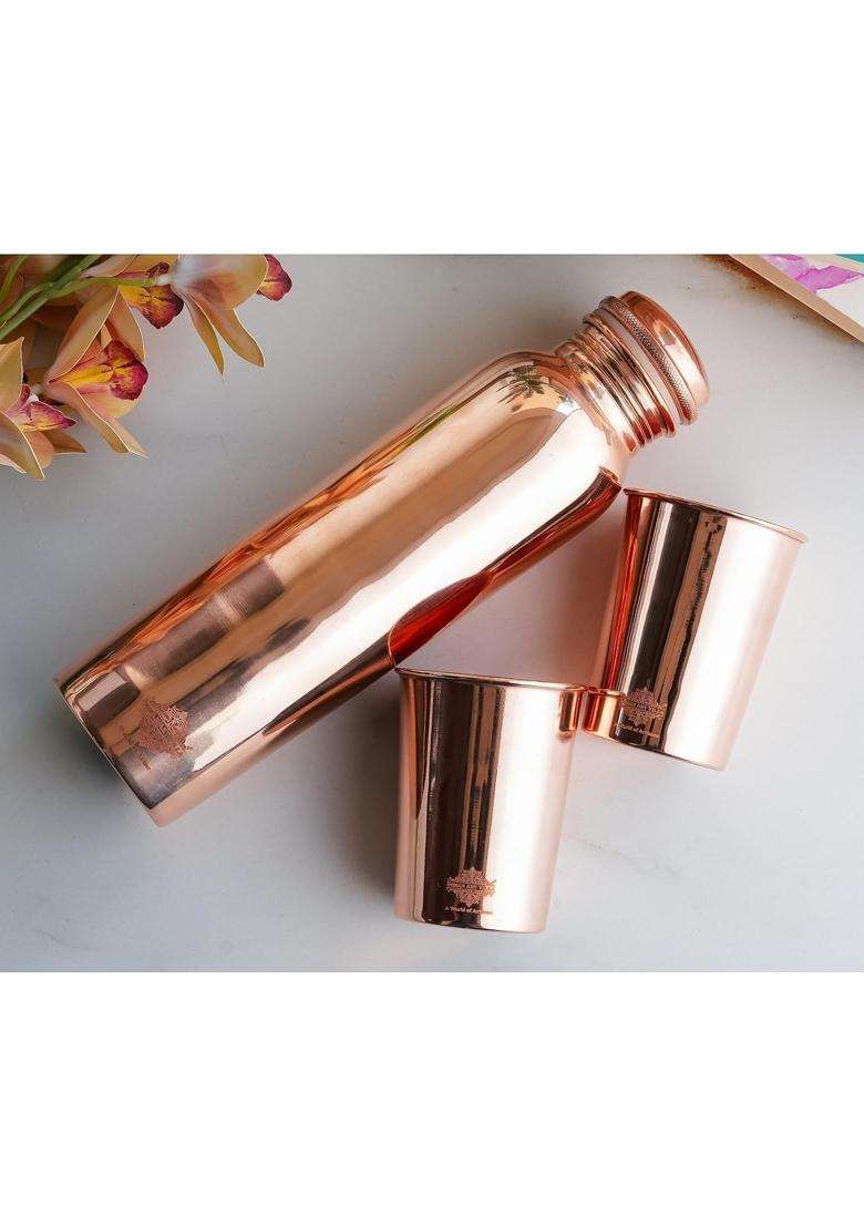 INDIAN ART VILLA Pure Copper Drinkware Gift Set of Plain Shine Finish Design 1 Bottle and 2 Glass | 900 ml | 30.4 fl oz - Indya