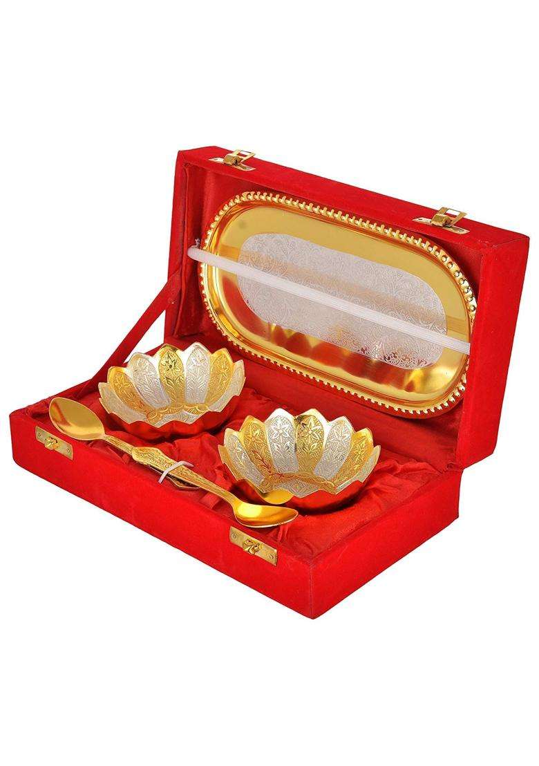 R Ayurveda Copper Metal Gift Silver and Gold 2 Bowl with Tray and 2 Spoons in Velvet Gift - Indya