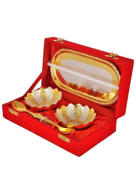 R Ayurveda Copper Metal Gift Silver and Gold 2 Bowl with Tray and 2 Spoons in Velvet Gift