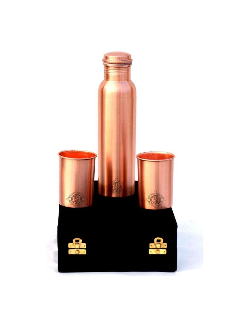 DSH CRAFTING YOUR CURIOSITY DSH Copper Water Bottle Set for with 2 Glasses | 1 L | 1.1 Qt | Handcrafted | Leak Proof - Indya