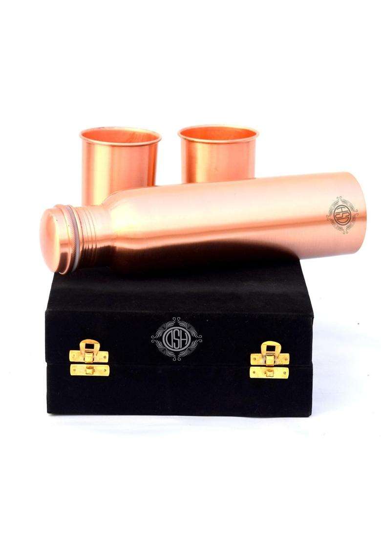 DSH CRAFTING YOUR CURIOSITY DSH Copper Water Bottle Set for with 2 Glasses | 1 L | 1.1 Qt | Handcrafted | Leak Proof - Indya