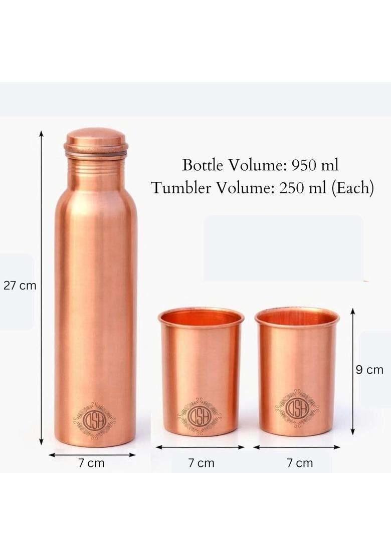 DSH CRAFTING YOUR CURIOSITY DSH Copper Water Bottle Set for with 2 Glasses | 1 L | 1.1 Qt | Handcrafted | Leak Proof - Indya