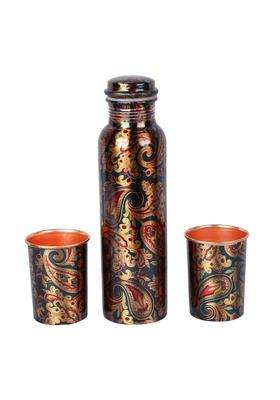 R Ayurveda Copper Handcrafted Copper Metal Bottle with 2 Copper Metal Glass Green Paisley Design | 1 L | 1.1 Qt